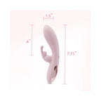 Pink rabbit-style vibrator with size diagram showing compact dimensions
