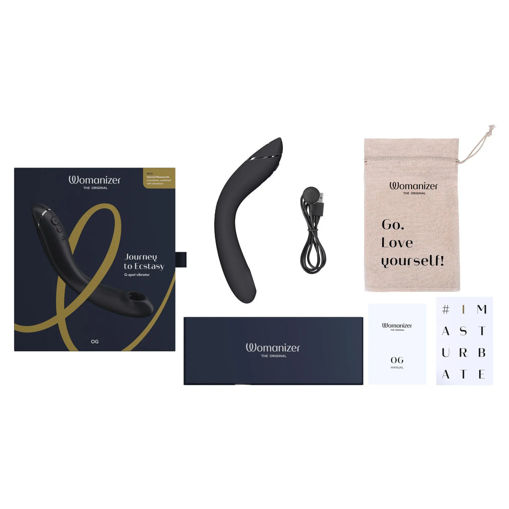 Curved black G-spot vibrator with cable and included packaging