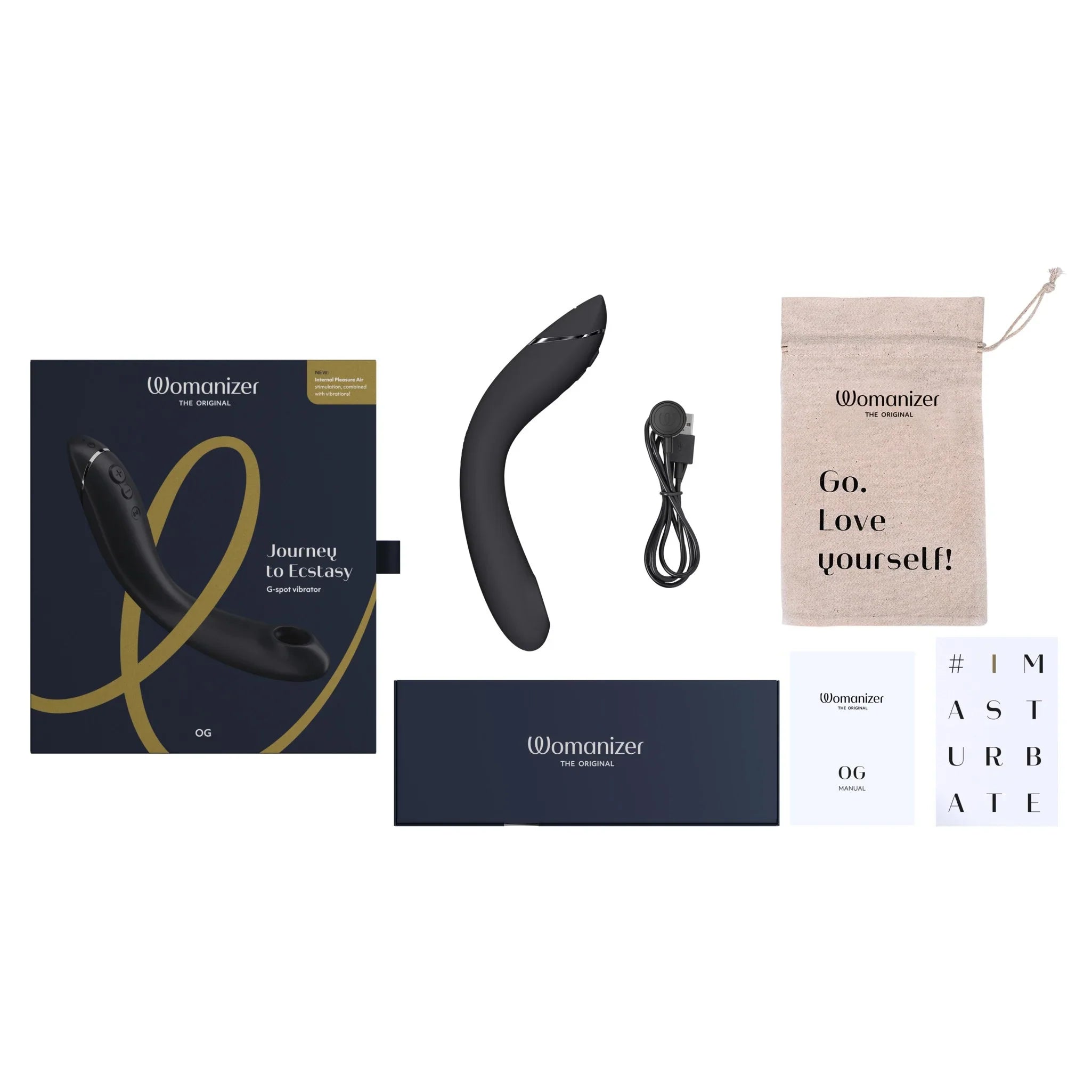 Curved black G-spot vibrator with cable and included packaging