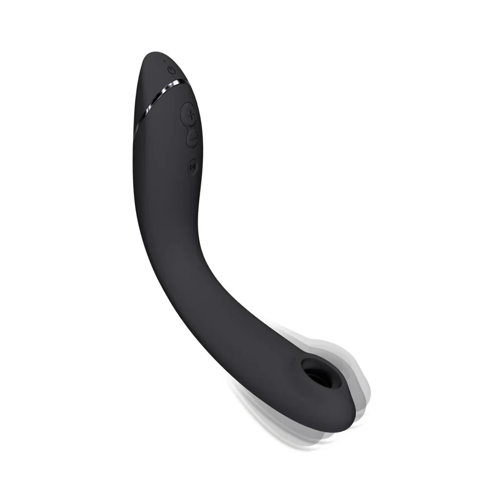 Curved black G-spot vibrator with circular base and smooth contours