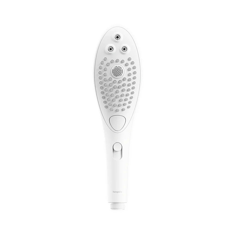 White handheld shower head with circular spray pattern and three control buttons