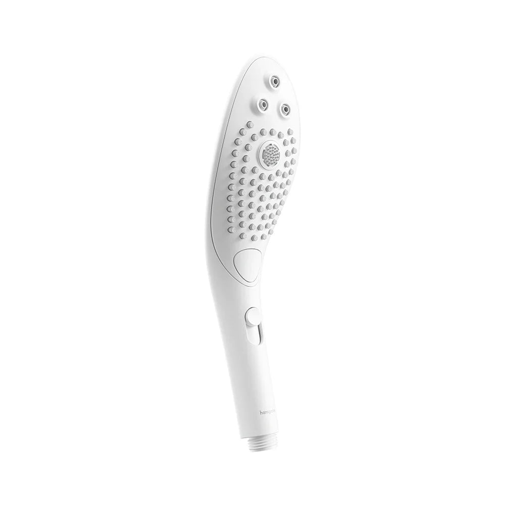White handheld shower head with nozzle panel and grip control button