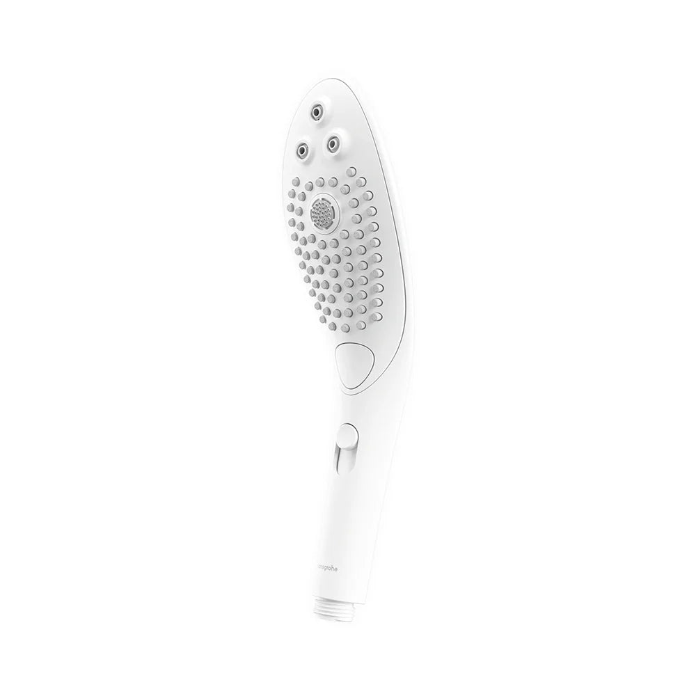 White handheld shower head with dense nozzle array and center spray holes