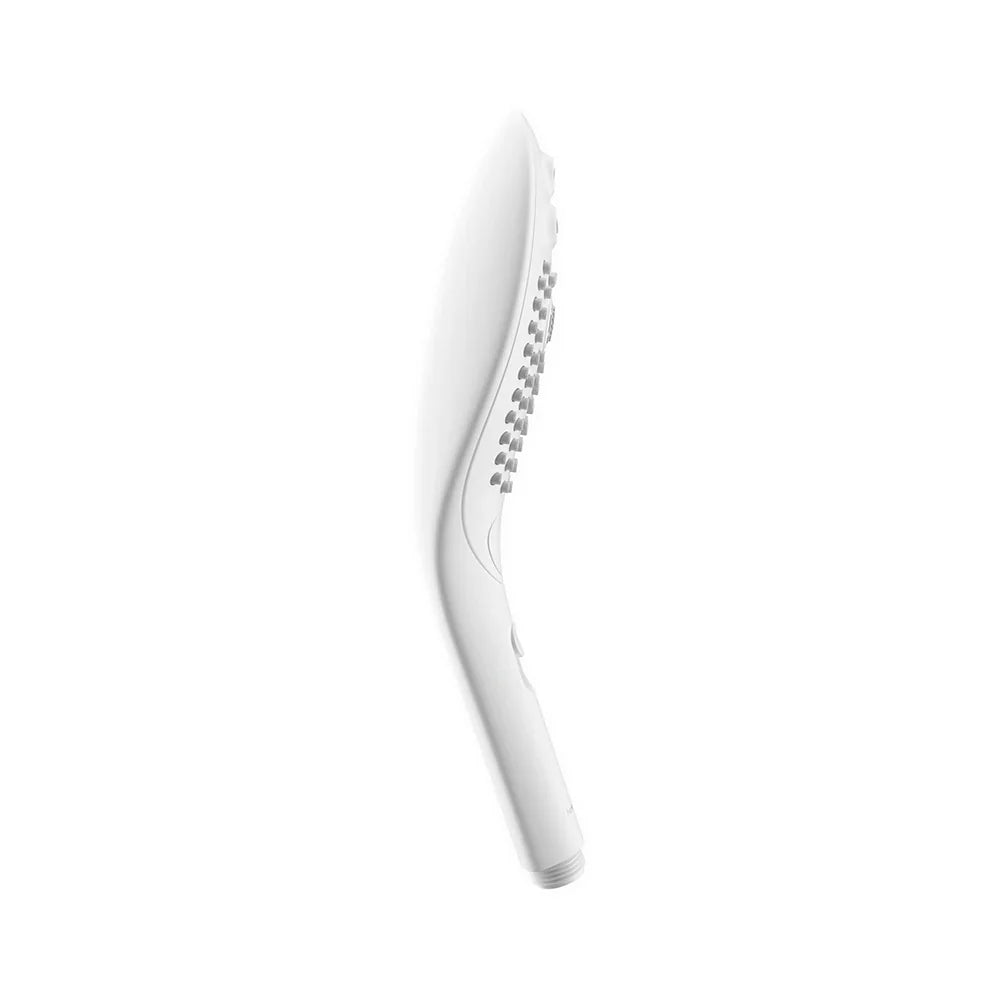 White handheld shower head side profile with small nozzle openings