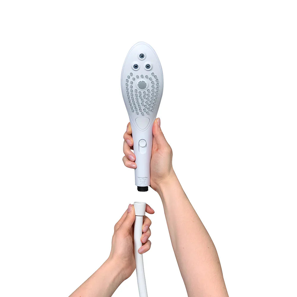 Handheld power shower head with sprayer face showing multiple massage nozzles