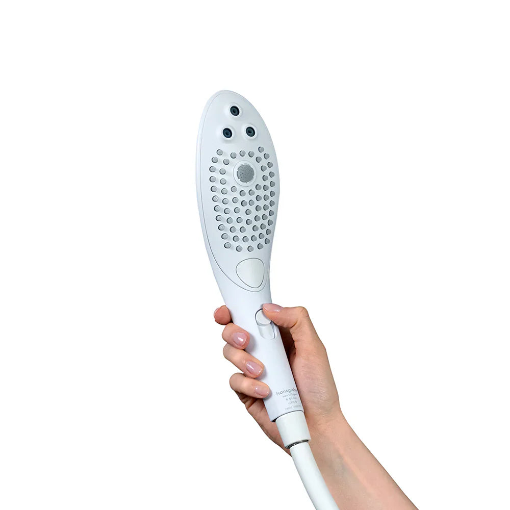 Handheld power shower head in pale blue and white, with sprayer face and button
