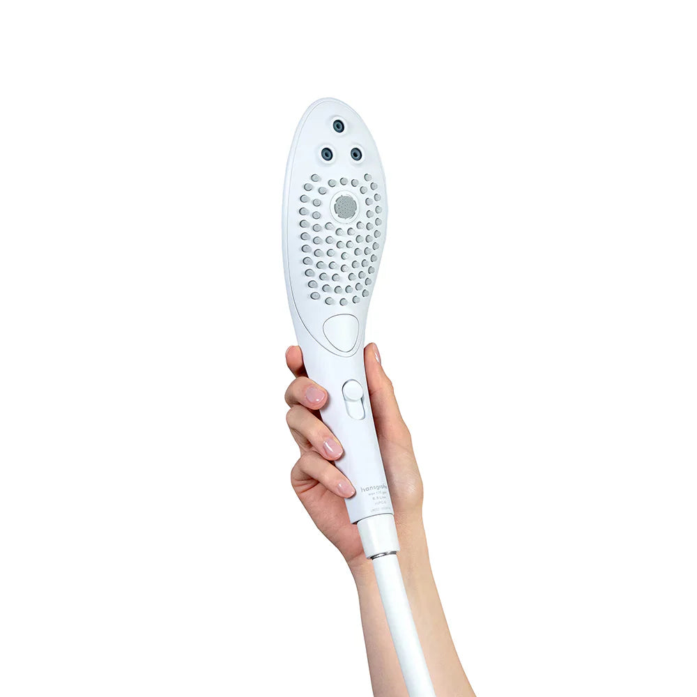 Hand holding power shower head, side view with control button on handle