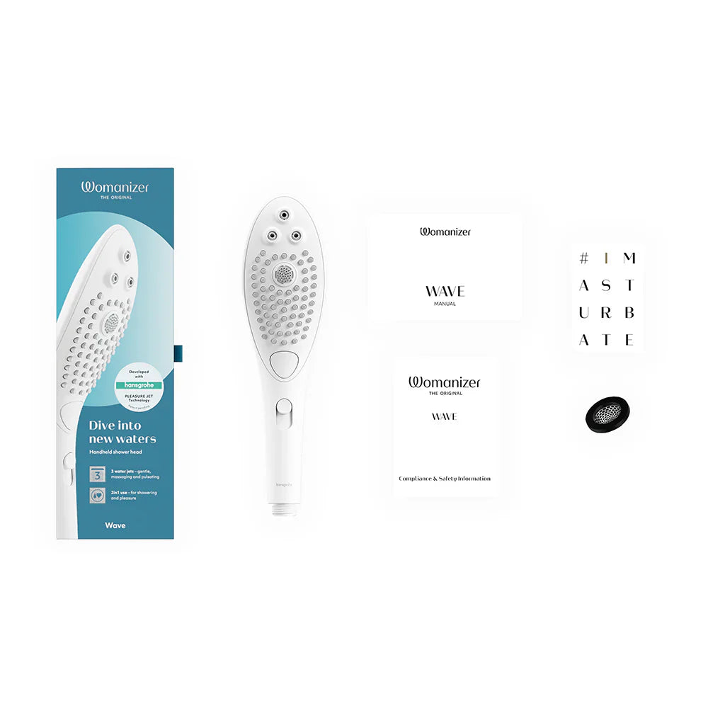 Womanizer Wave shower head retail box with product images and text
