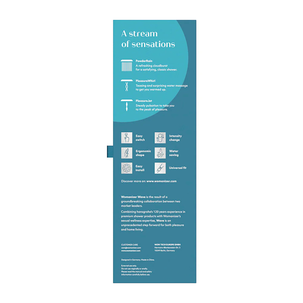 Womanizer Wave shower head box back with feature icons and instructions