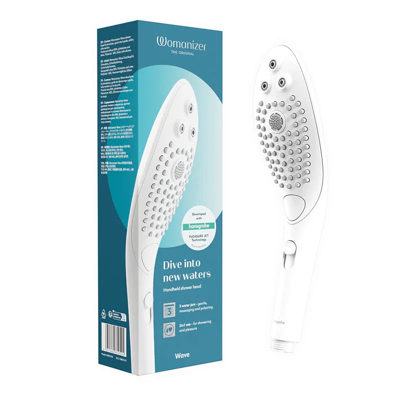 Womanizer Wave power shower head box with product pictured next to it