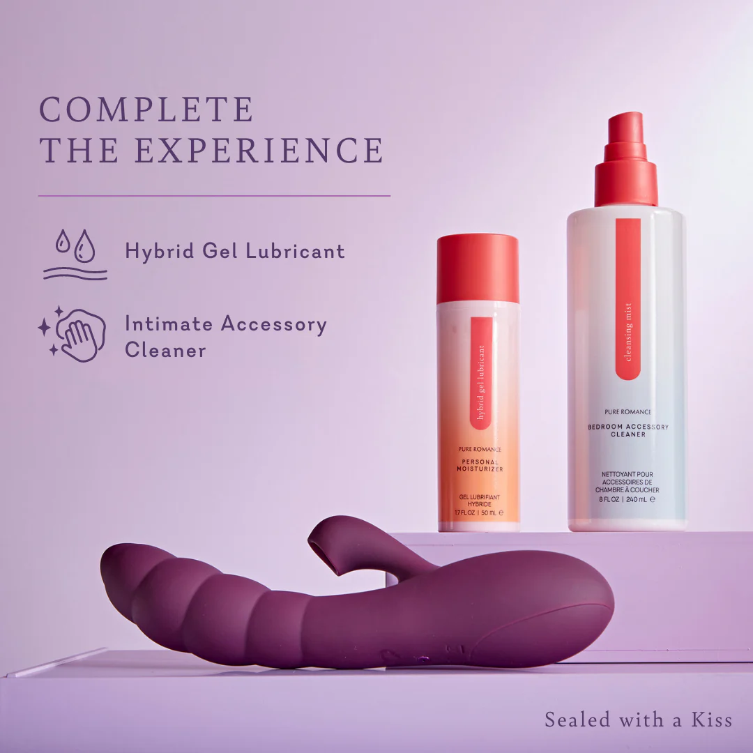 Purple silicone curved massager with two bottles: cleaner and hybrid gel lubricant