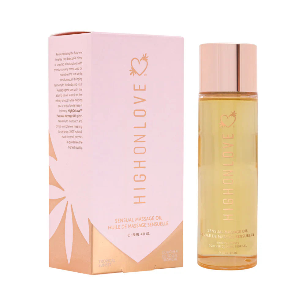 High Love chocolate massage oil box and bottle, tall glass with rose-gold cap