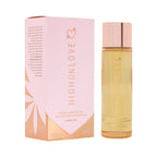 High Love chocolate massage oil box and bottle, tall glass with rose-gold cap
