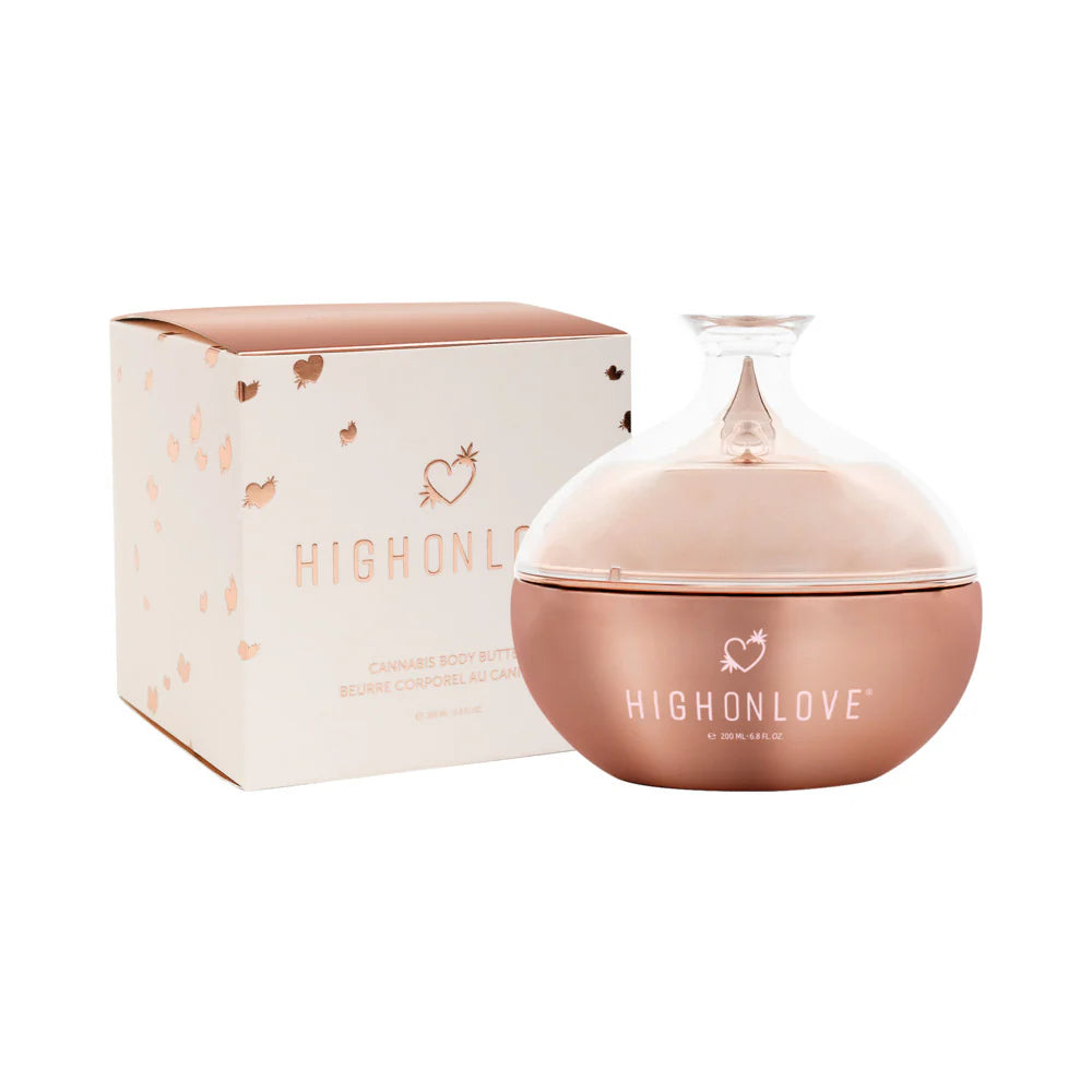 Body butter jar and matching box, brownish-pink container with Highonlove logo