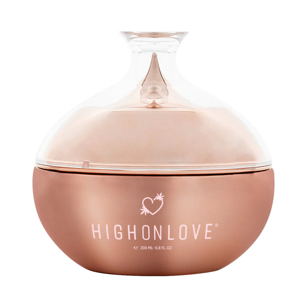 Body butter jar with clear lid, brownish-pink container and Highonlove logo
