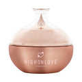 Body butter jar with clear lid, brownish-pink container and Highonlove logo