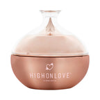 Body butter jar with clear lid, brownish-pink container and Highonlove logo