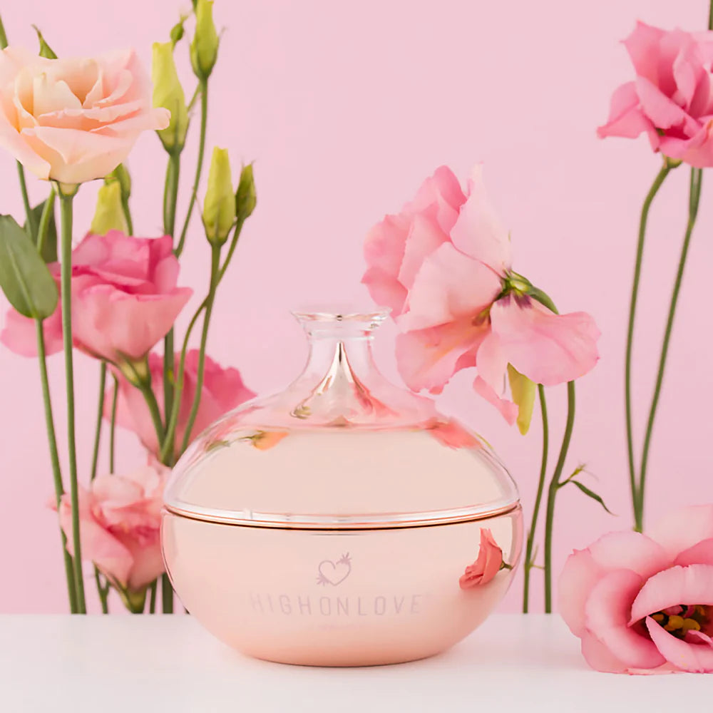 Body butter jar with clear lid, soft pink container and Highonlove logo