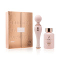 Luxury gift set box with gold-toned print and centered tag, closed