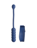 Blue silicone massager with textured handle and small charging case