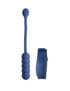 Blue silicone massager with textured handle and small charging case