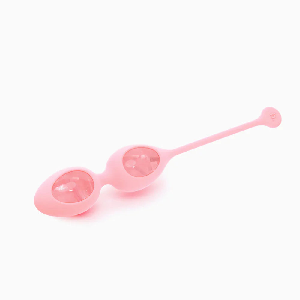 Connected pair of pink rose quartz-style eggs with long handle, oval egg shapes