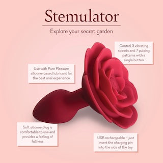 Stemulator red silicone flower toy, side view with curled rose cluster.