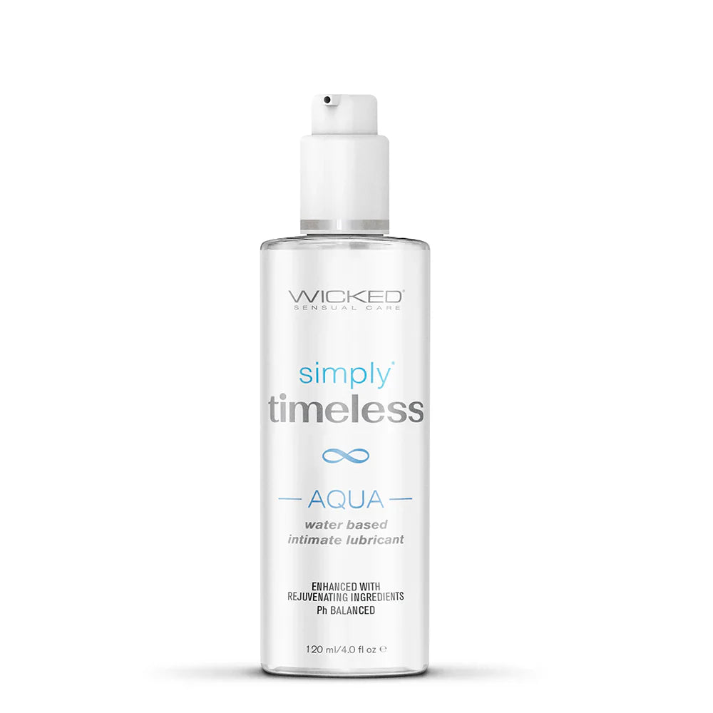 Water-based intimate lubricant bottle, front label view, white pump and blue text