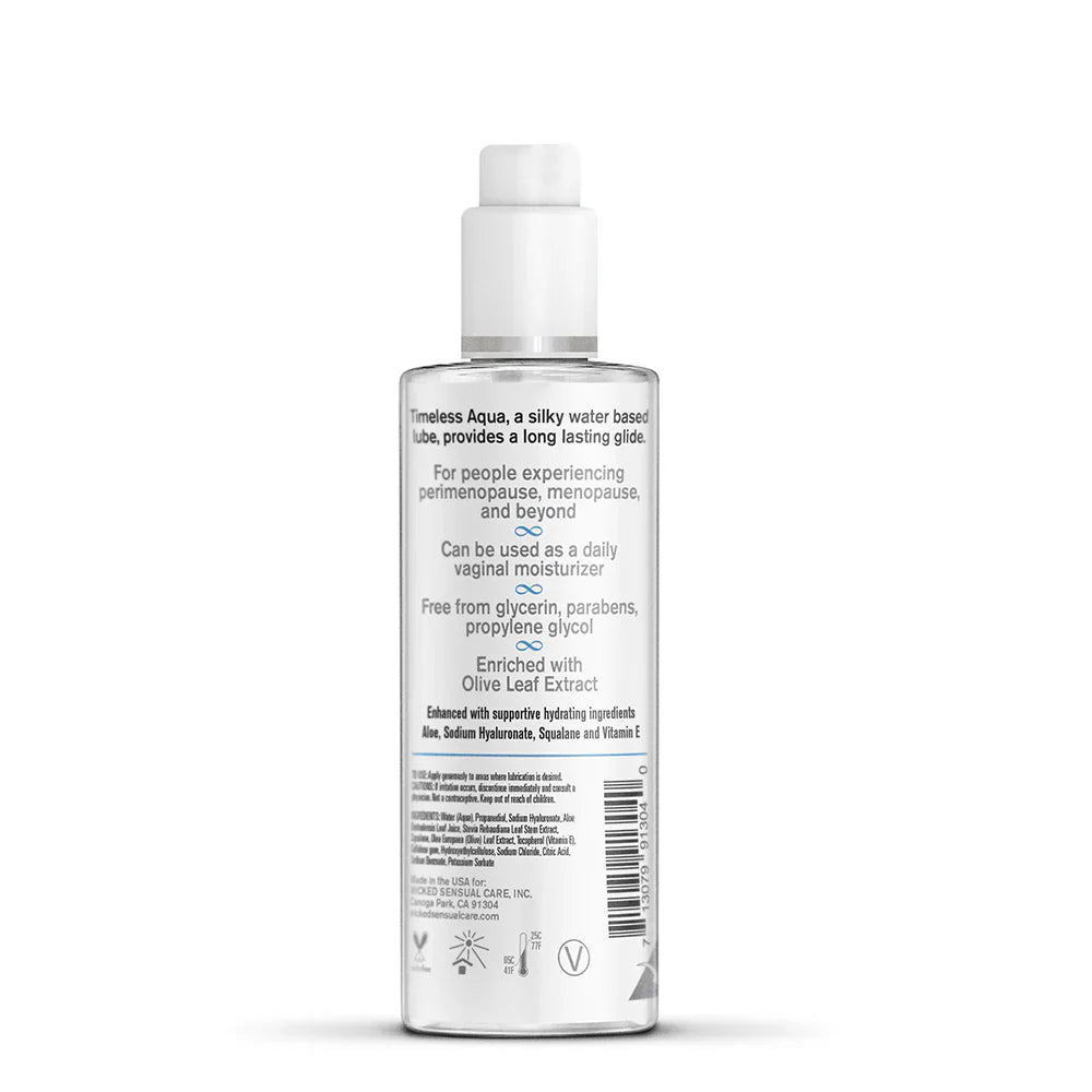 Water-based intimate lubricant bottle, back label view, clear liquid in white pump