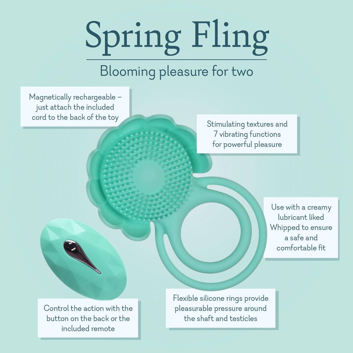 Teal silicone bath toy with flower-textured pad, two rings, and oval remote