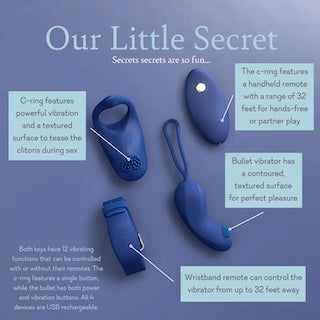 Blue silicone wearable massager set with two rings and handheld controller