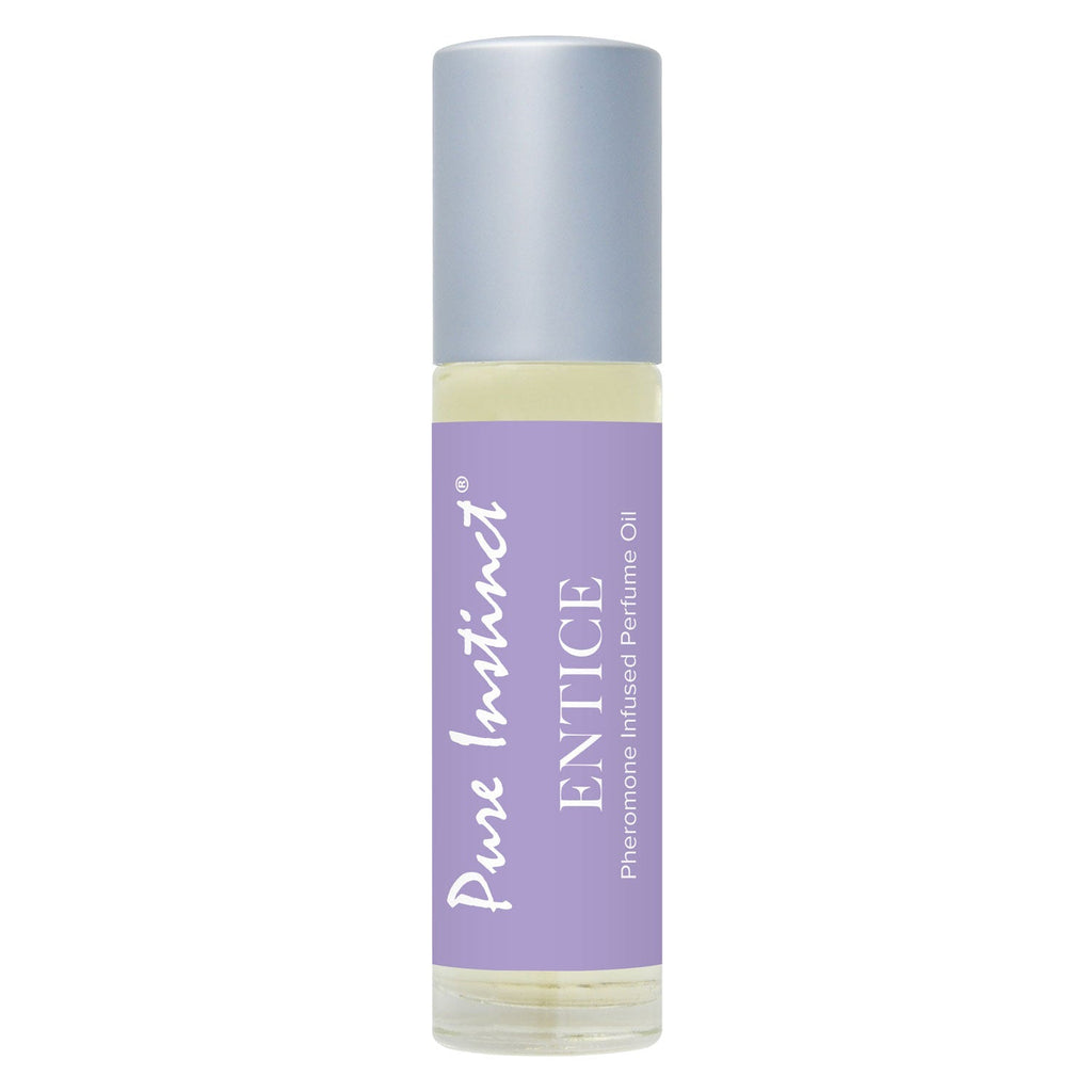 Pheromone roll-on bottle with silver cap and purple label