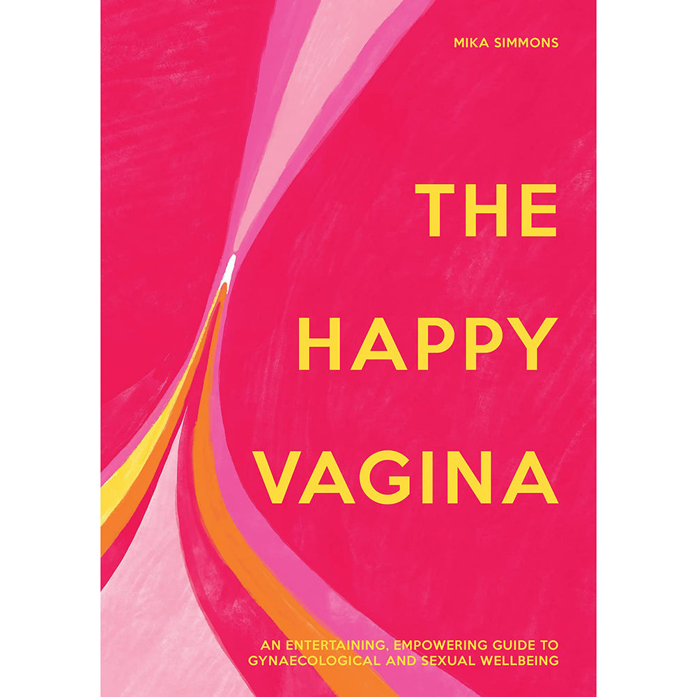 Pink book cover titled 'The Happy Vagina' by Mika Simmons