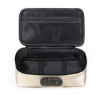 Beige locking storage box with open lid, black interior and front dial
