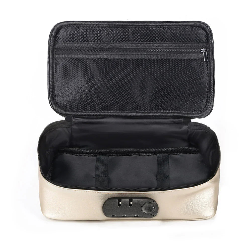 Beige locking storage box with open lid, black interior and front dial
