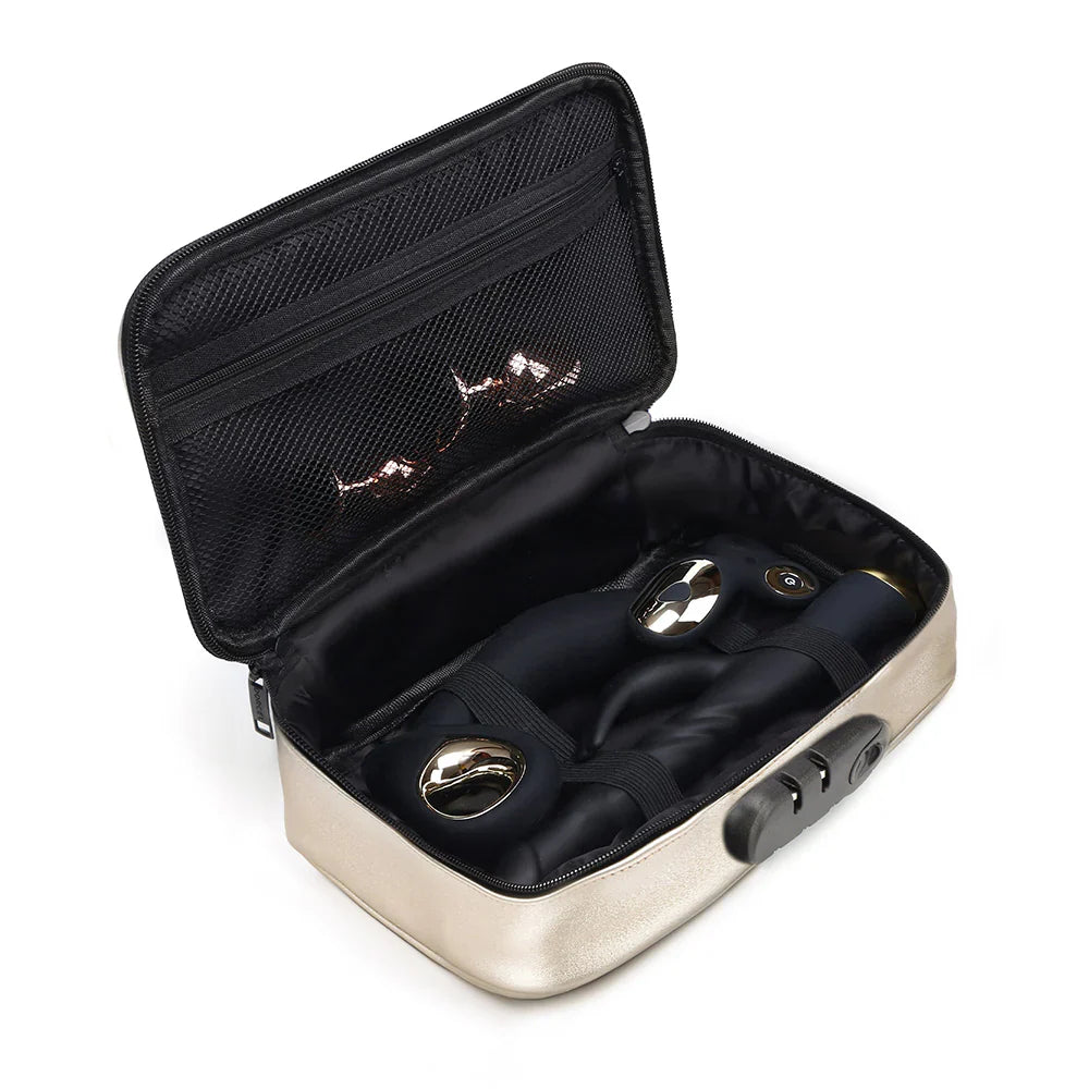 Beige locking storage box with open lid, black compartments and round latch