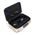 Black locking storage box with open lid and black interior pocket