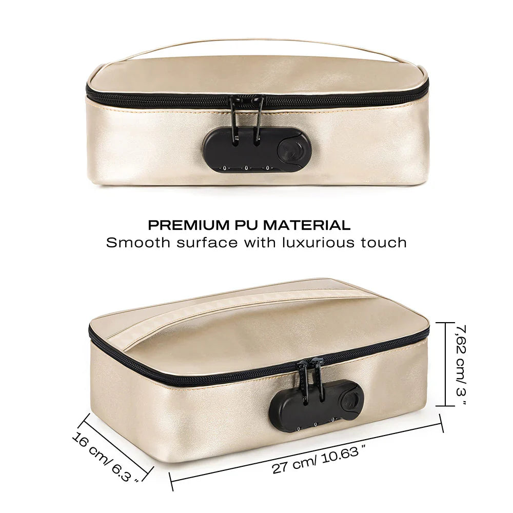 Beige locking storage box with black trim and front combination dial