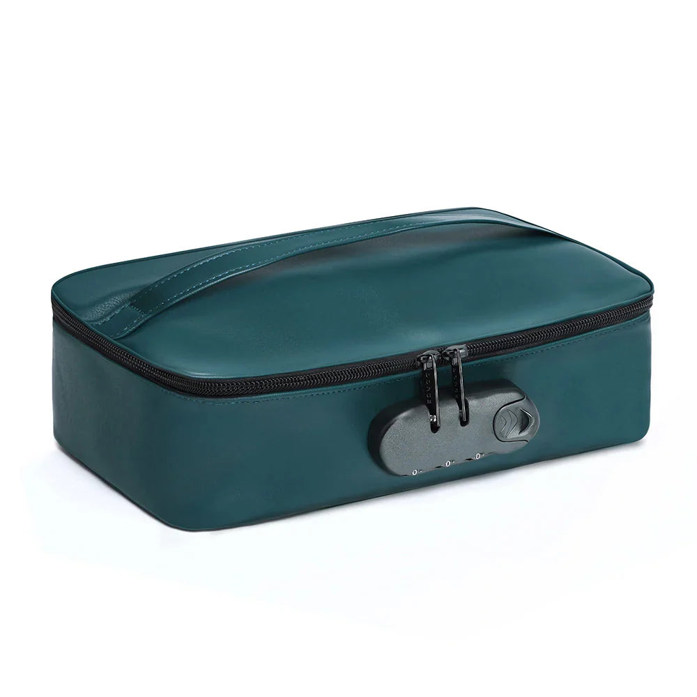 Teal locking storage box with zippered lid and built-in lock