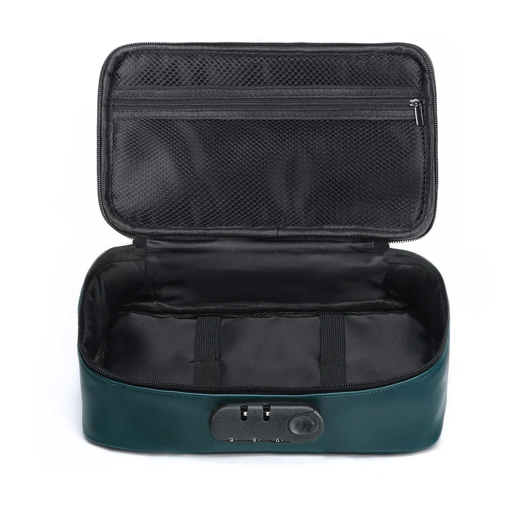 Teal locking storage box with open lid, black interior and front latch