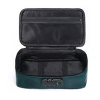 Teal locking storage box with open lid, black interior and front latch