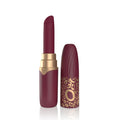 Maroon lipstick bullet with gold cap and leopard-print sleeve, side view