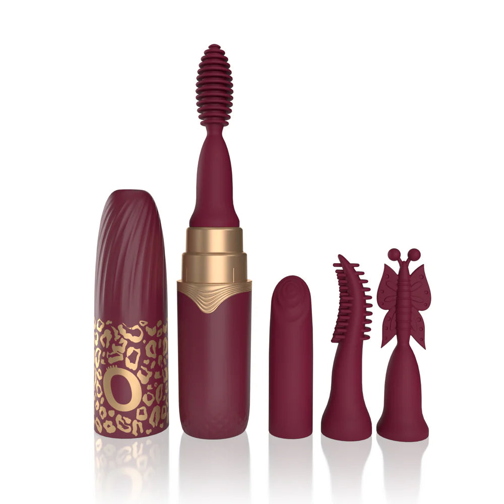 Maroon makeup set with lipsticks, wand applicator, and brush tool