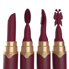 Maroon lipstick tubes with gold caps and attached wand applicators, front view