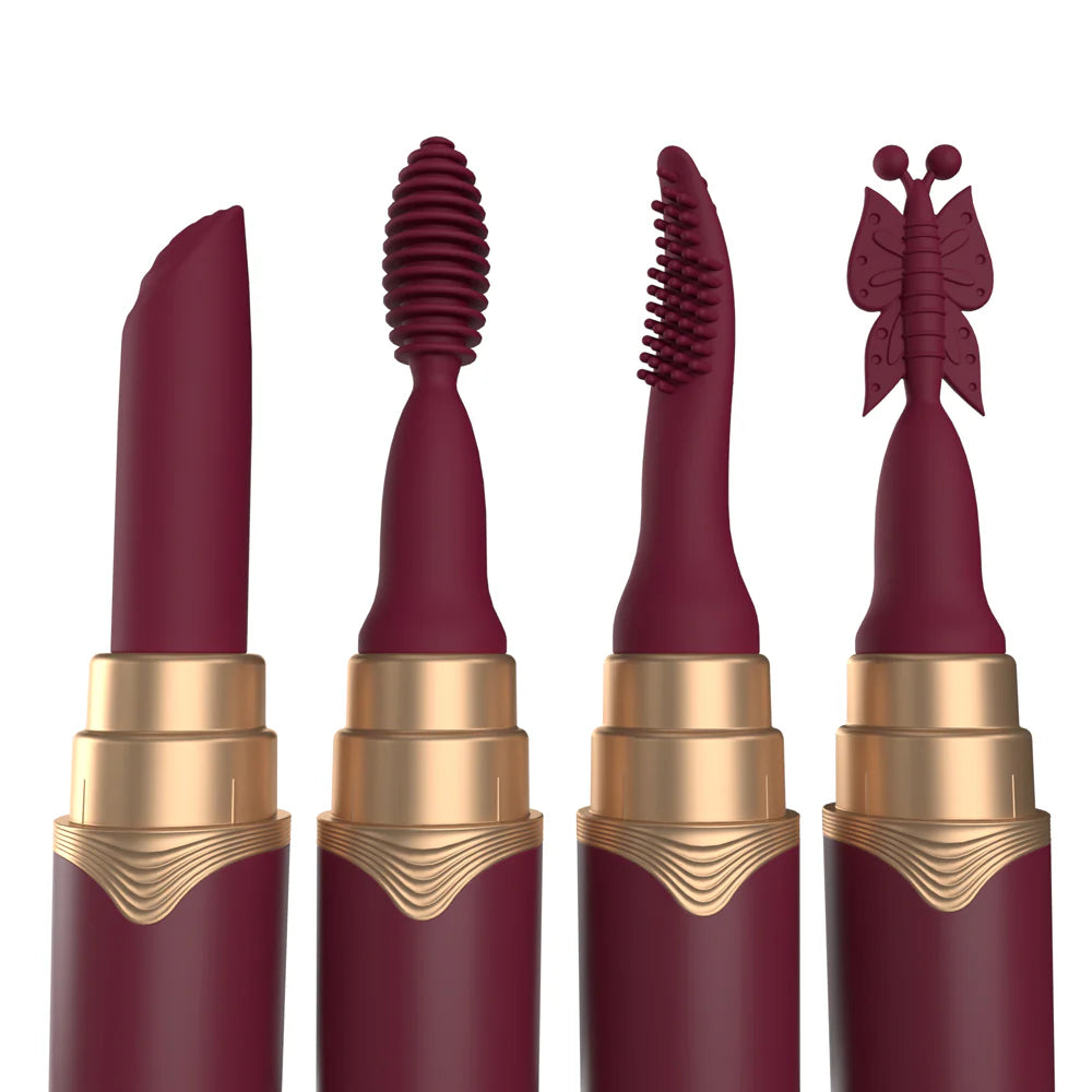 Maroon lipstick tubes with gold caps and attached wand applicators, front view