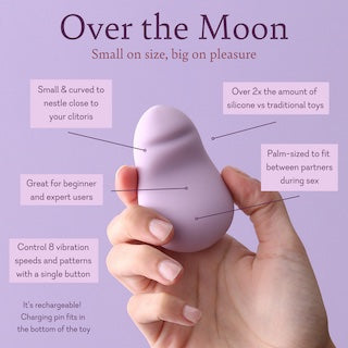 Lilac teardrop silicone personal massager held in a hand, smooth rounded shape