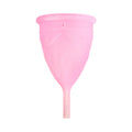 Pink menstrual cup, centered front view with rim and short stem