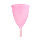 Pink menstrual cup, centered front view with rim and short stem