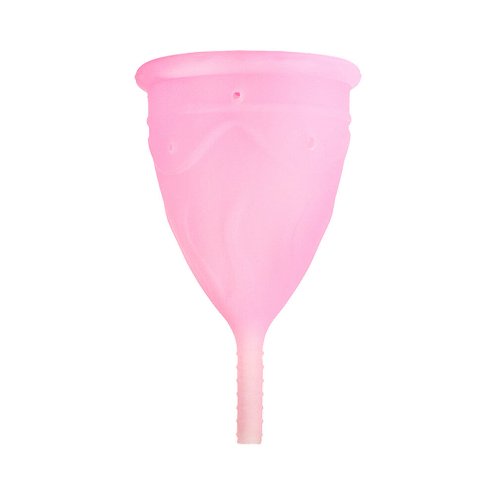 Pink menstrual cup, centered front view with rim and short stem