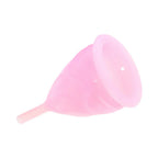 Pink menstrual cup side view with short stem and rounded rim